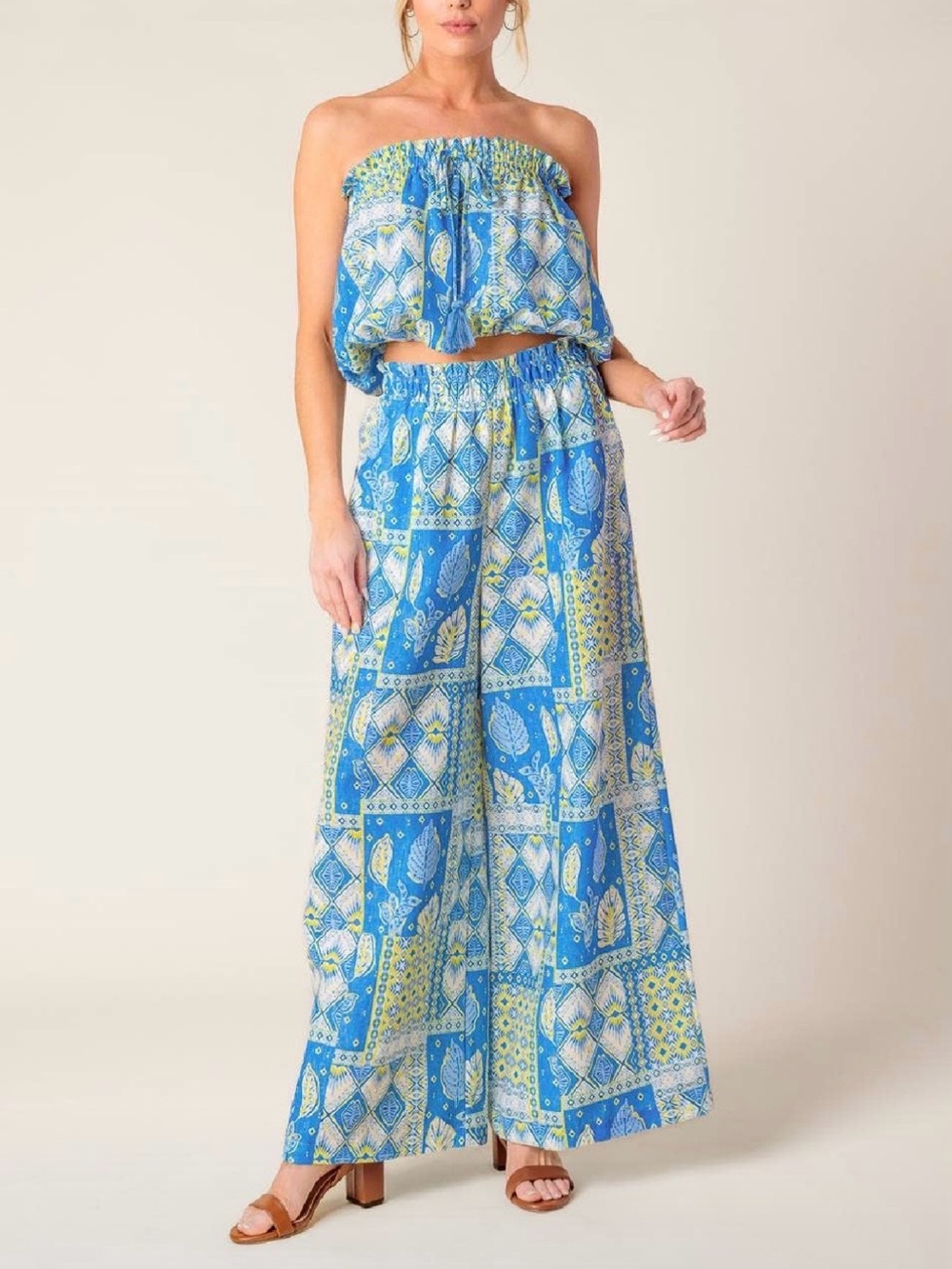 Blue & Yellow Printed Wide-Leg Pant Set